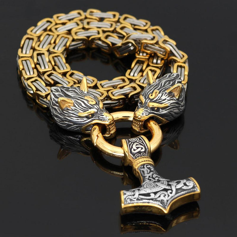 Wolf Head Byzantine Chain With Mjolnir - Viking Jewelry - Urcsilver