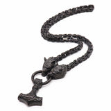 King Chain With Wolf Heads & Mjolnir Pendant - Viking Jewelry - Urcsilver