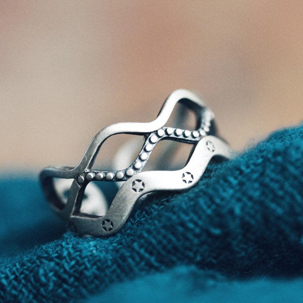 925 Sterling Silver Star Vintage Simple Line Waves Ring - Viking Jewelry - Urcsilver