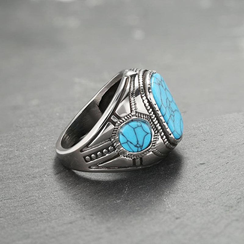 Vintage Turquoise Stainless Steel Stone Ring - Viking Jewelry - Urcsilver