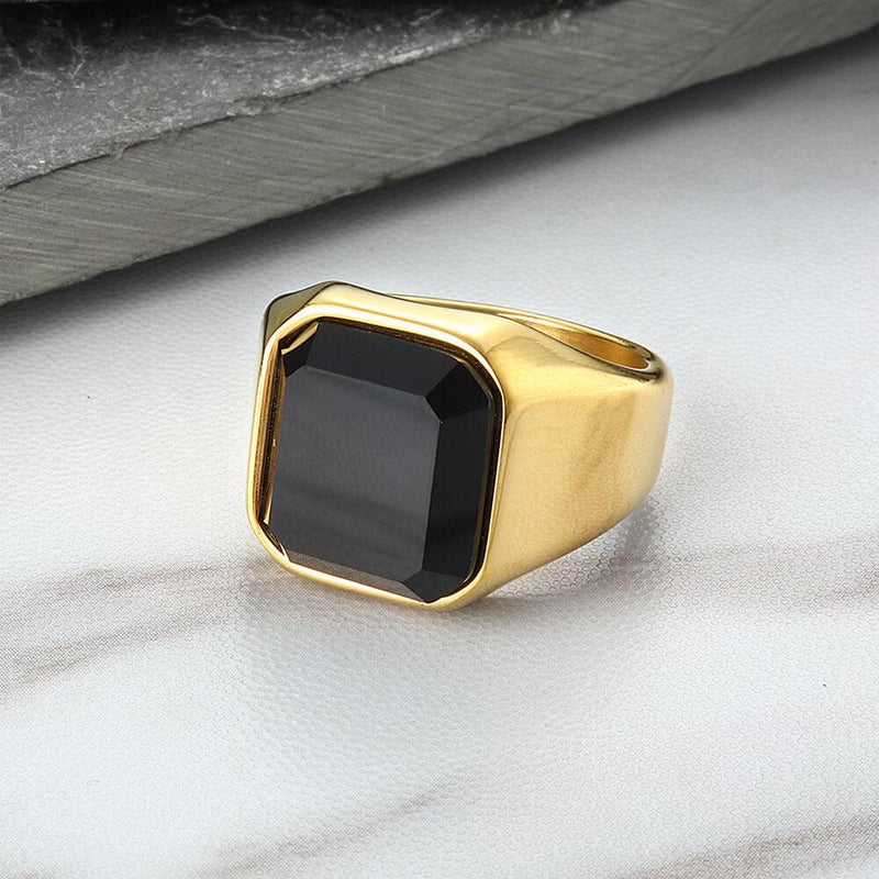 Black Gem Stone Stainless Steel Ring - Viking Jewelry - Urcsilver